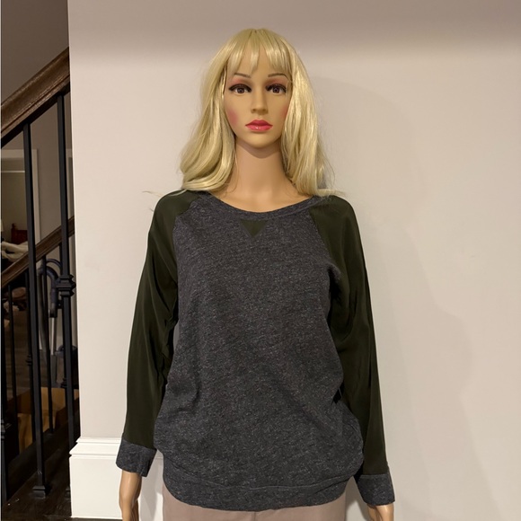 J Crew Gray Long Sleeve Knit Top with Green silk sleeves - Picture 2 of 5